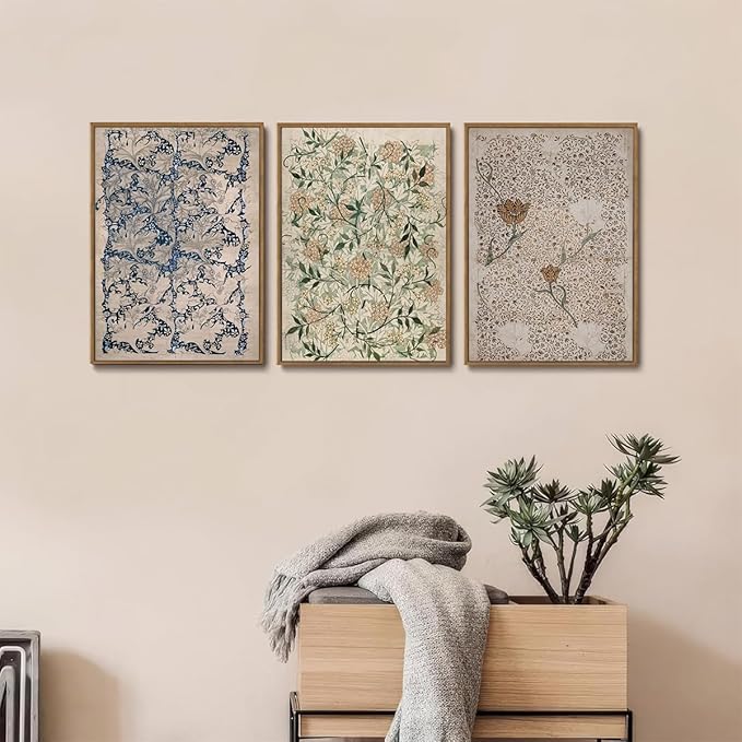 ILLBDR Vintage Framed Wall Art Abstract Floral Canvas Wall Art Set of 3 Boho Botanical Prints Gallery Artwork Neutral Flower Pictures Decor for Bedroom Living Room 16x24 Inch