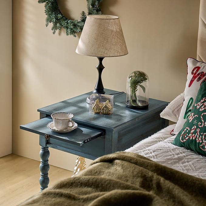 HULALA HOME Spindle Nightstands with Charging Station, Solid Wood Nightstand with Drawer Shelf, Side Table with Pull-Out Shelf (Blue)