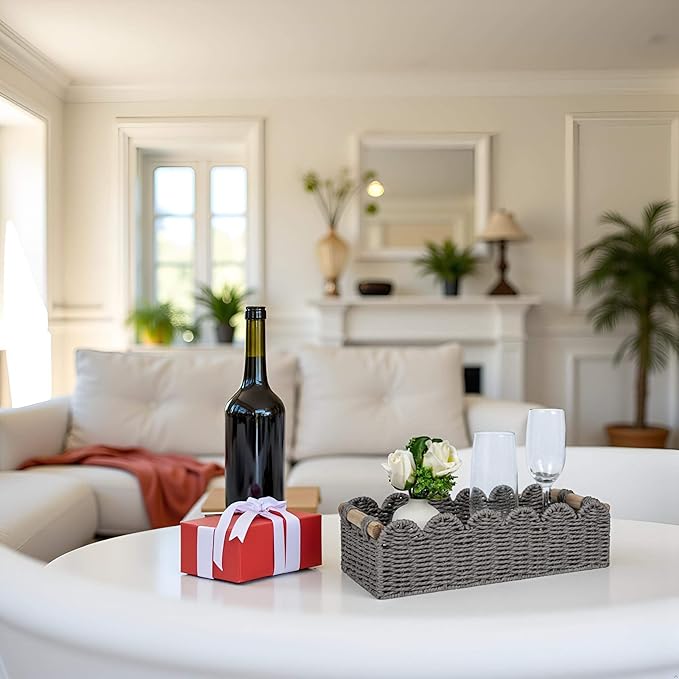 CubesLand Scalloped Edge Toilet Paper Storage Basket, Living Room Home Cozy Decor Basket, Paper Rope Small Baskets for Over Toilet Storage Shelf, Shelves, with 2 Wooden Handles, Grey