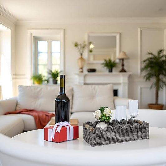 CubesLand Scalloped Edge Toilet Paper Storage Basket, Living Room Home Cozy Decor Basket, Paper Rope Small Baskets for Over Toilet Storage Shelf, Shelves, with 2 Wooden Handles, Grey