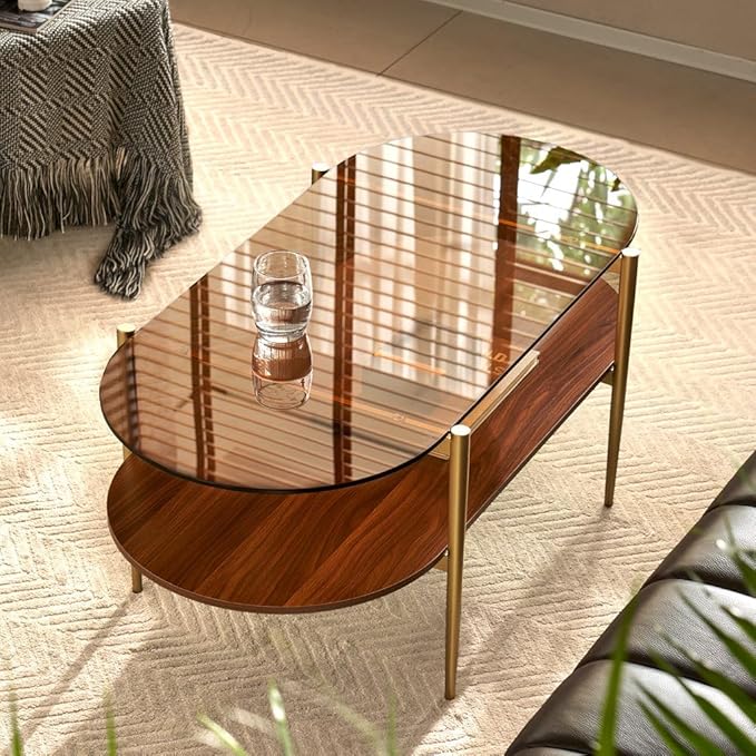 AGV LIGHTING Oval Rectangle Coffee Table with Amber Brown Glass Top, Mid-Century Modern Coffee Table, Walnut Wood Shelf and Gold Metal Legs, Capsule Shape 2 Tier Coffee Table for Living Room, 42 Inch