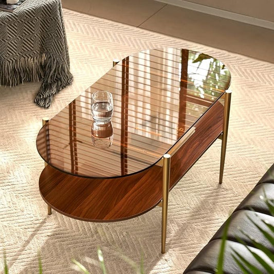 AGV LIGHTING Oval Rectangle Coffee Table with Amber Brown Glass Top, Mid-Century Modern Coffee Table, Walnut Wood Shelf and Gold Metal Legs, Capsule Shape 2 Tier Coffee Table for Living Room, 42 Inch