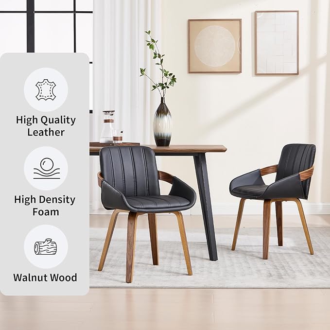 Dining Chairs Set of 2, Mid Century Modern Dining Room Chairs with Arms and Mid Back PU Leather Upholstered Bentwood Kitchen Chairs for Home Restaurant Office - Black