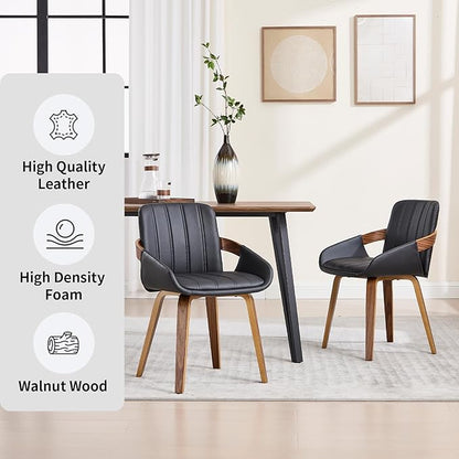 Dining Chairs Set of 2, Mid Century Modern Dining Room Chairs with Arms and Mid Back PU Leather Upholstered Bentwood Kitchen Chairs for Home Restaurant Office - Black
