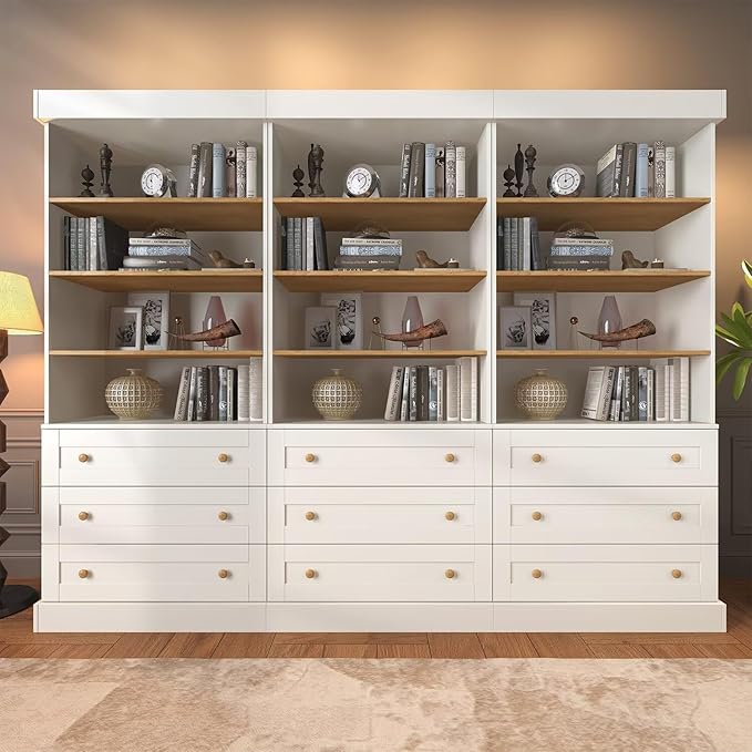 Vyre 71" Tall Farmhouse Bookshelves with Drawers, Set of 4 – Large Modular Bookcase with Adjustable Shelves, Storage Cabinet for Living Room, Kitchen, Home Office, White