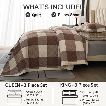 Cotton Plaid Quilt Set King 3 Piece Reversible Bedding, Grid Coffee