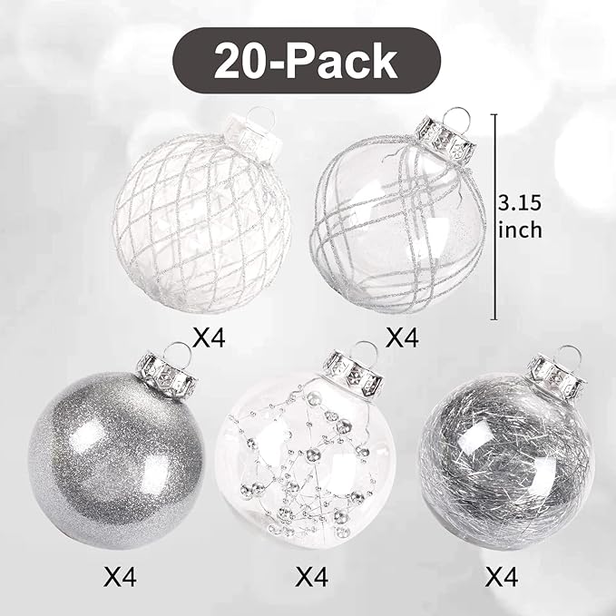 Christmas Ball Ornaments Set, 20ct Large Clear Shatterproof 3.15" Christmas Ornaments for Christmas Tree Decoration Silver Hanging Decorative Baubles for Halloween Thanks Giving Xmas Party