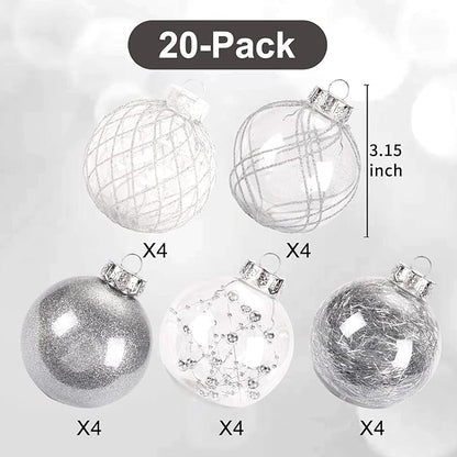 Christmas Ball Ornaments Set, 20ct Large Clear Shatterproof 3.15" Christmas Ornaments for Christmas Tree Decoration Silver Hanging Decorative Baubles for Halloween Thanks Giving Xmas Party