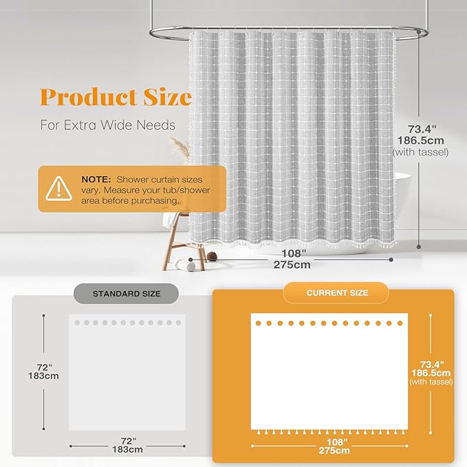 BTTN Extra Wide Shower Curtain - 108x72 Inch Boho Farmhouse Fabric Weighted Linen Shower Curtain Set with 18 Hooks, Large Country Hotel Neutral Waterproof Cloth Shower Curtains for Bathroom, Grey/Gray