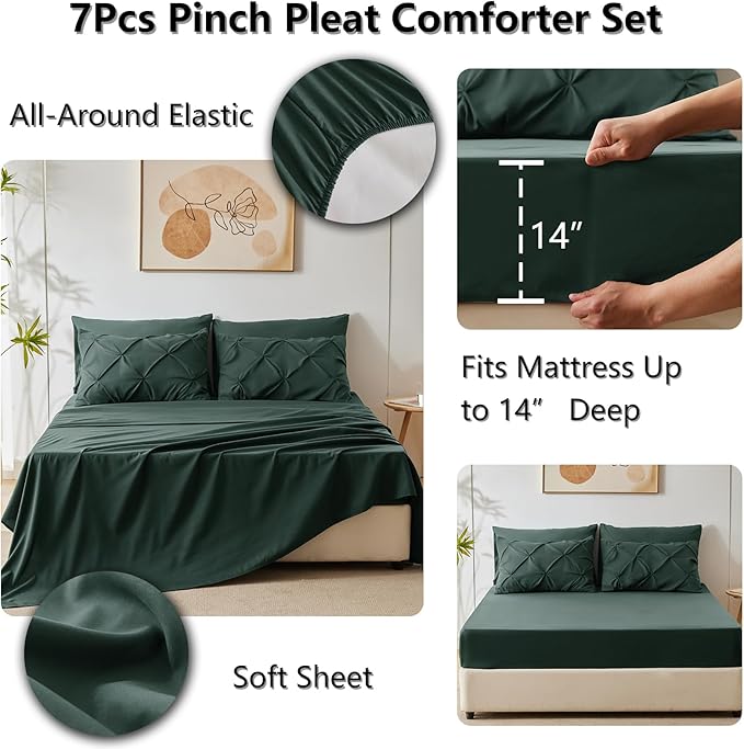 CozyLux Full Size Comforter Sets Forest Green, 7 Pieces Bed in A Bag Green Comforter Full Size, Pinch Pleat Bedding Sets with All Season Comforter, Sheets, Pillowcases & Shams