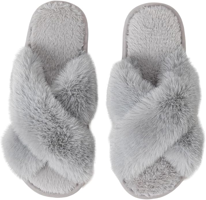 Women's Slipper Memory Foam Cross Band Fuzzy Slippers Open Toe Cozy House Slippers Cozy Plush Bedroom Indoor Outdoor
