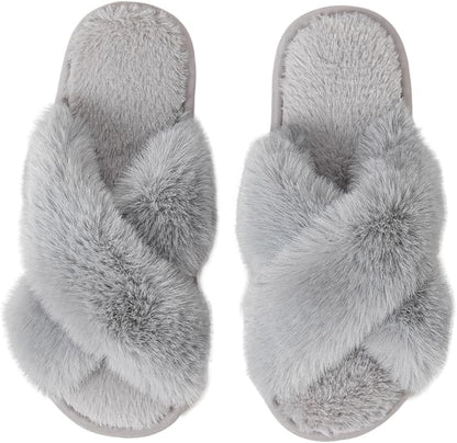 Women's Slipper Memory Foam Cross Band Fuzzy Slippers Open Toe Cozy House Slippers Cozy Plush Bedroom Indoor Outdoor