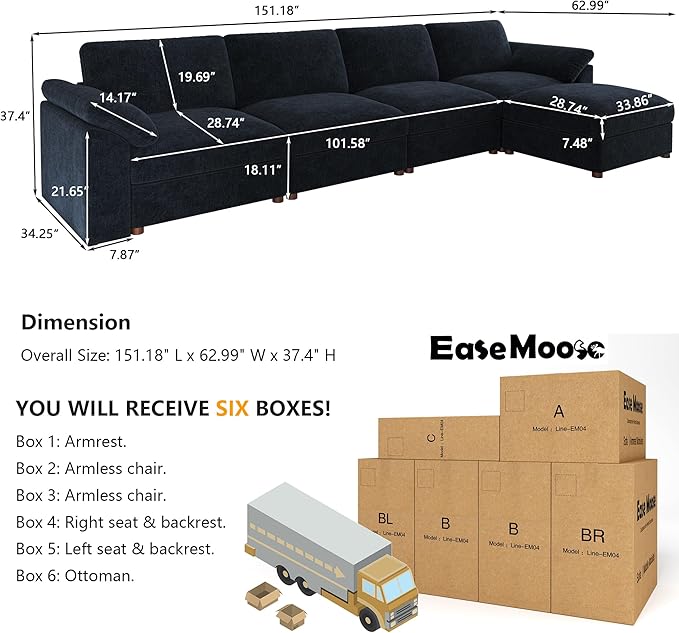 EASE MOOSE Oversized Sectional Couch, FSC Certified Extra Large L Shape Sectional Couch, Comfty Wide Deep Modular Sofa with Ottoman, Dark Blue Modular Sofa