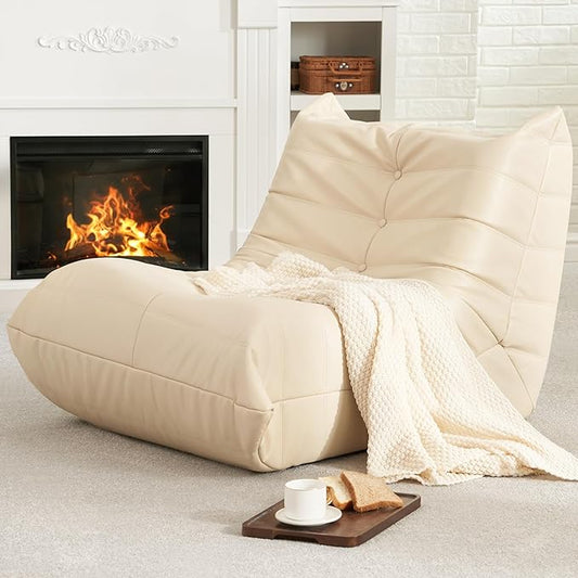 Hobestluk Giant Bean Bag Chair Lazy Floor Sofa, Fireside Sofa for Adults, Big Beanbag Faux Leather Armless Chair for Living Room Bedroom Dorm Office (Beige, Single)