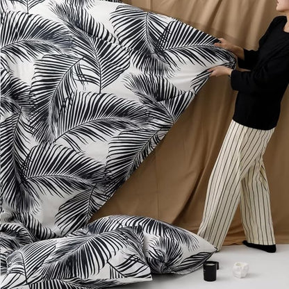 Pureant Boho Botanical Bedding Twin Comforter Set - Black and White Feather Quilts, Rustic Palm Leaves, Tropical Bohemian Black Floral Design