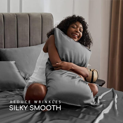 MR&HM Satin Bed Sheets, Full Size Sheets Set, 6 Pcs Silky Bedding Set with 15 Inches Deep Pocket for Mattress (Full, Dark Grey)