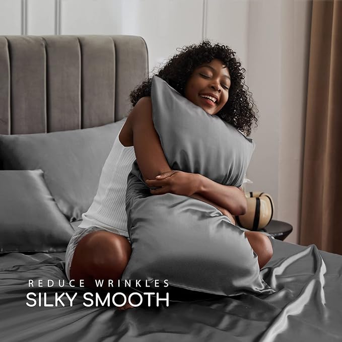 MR&HM Satin Bed Sheets, Twin Size Sheets Set, 3 Pcs Silky Bedding Set with 15 Inches Deep Pocket for Mattress (Twin, Dark Grey)