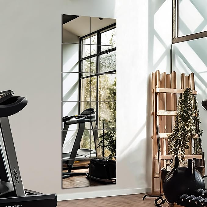 Home Gym Wall Mirror, 12"x12"x12PCS Full Length Home Gym Workout Mirror for Garage, Bedroom, Living Room, Over The Door
