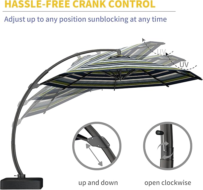 Kingdura 11ft Offset Cantilever Patio Umbrella with Base Included, Large Round Aluminum Outdoor Umbrella with 100% Acrylic Fabric, 360° Rotation & Infinite Tilt for Deck Pool Backyard, Green Stripes