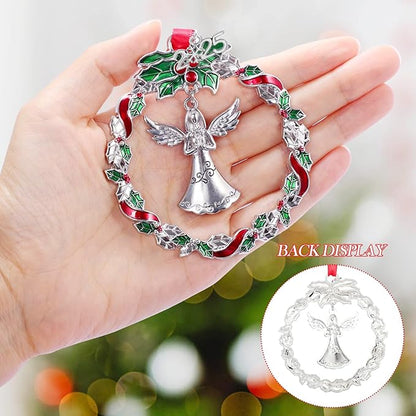 Angel Ornament 2025 for Xmas Tree Decorations Metal Christmas Wreath with Praying Angel Ornaments Silver Decorative Hanging Pendant Holiday Keepsake Gift