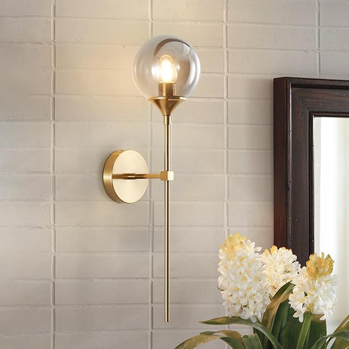 KCO Lighting Smoke Gray Glass Globe Wall Sconce Modern Gold Long Pole Wall Lighting Mid Century Vintage Bathroom Light Fixture Sconce Brass Bar Wall Lamp