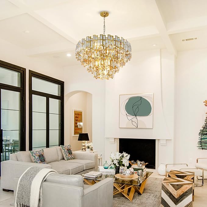 Gold Crystal Chandelier Lighting Foyer Hall Entry Way Chandeliers Light Fixture for High Ceiling Sloped Pendant Hanging French Empire Style Round Large 31.5 inch