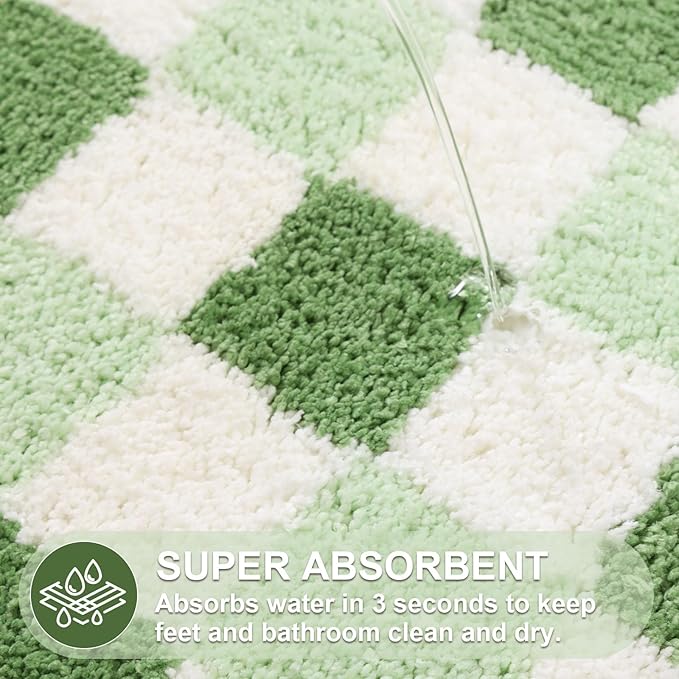 ORTIGIA Cute Green Checkered Scalloped Bath Mat, Fun Plush Microfiber Bathroom Rugs Non Slip Washable Quick Dry Absorbent, Bath Rug for Shower Stall Vanities Kitchen Floor Entrance, 20x32
