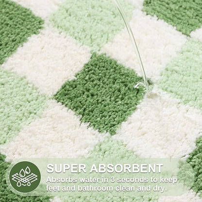 ORTIGIA Cute Green Checkered Scalloped Bath Mat, Fun Plush Microfiber Bathroom Rugs Non Slip Washable Quick Dry Absorbent, Bath Rug for Shower Stall Vanities Kitchen Floor Entrance, 20x32