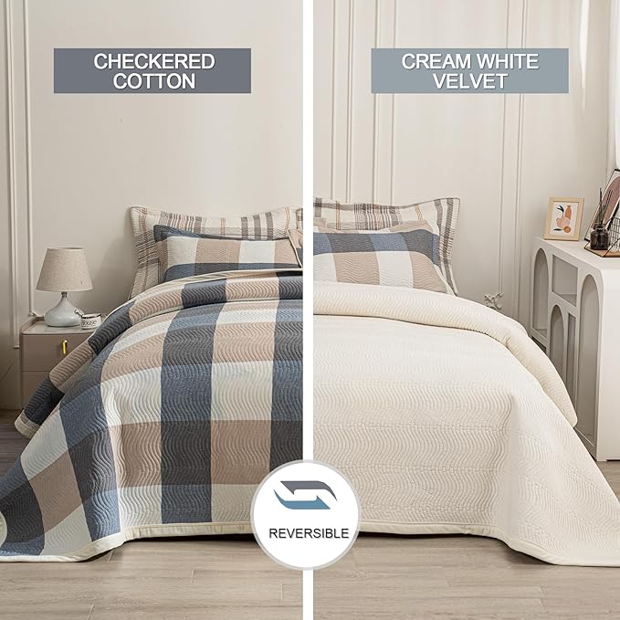Cotton Plaid Quilt Set King 3 Piece Reversible Bedding, Grid Beige Blue