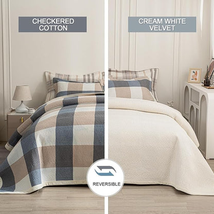 Cotton Plaid Quilt Set King 3 Piece Reversible Bedding, Grid Beige Blue
