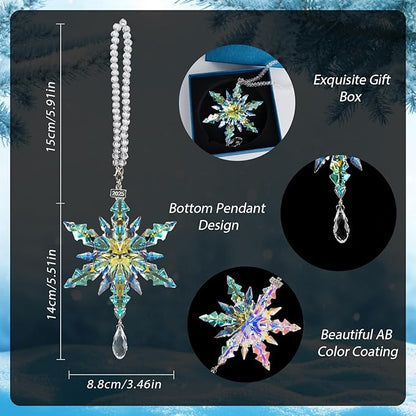 kockuu Christmas Crystal Snowflake Ornament Decoration, AB Color Crystal Snowflake Hanging Ornament for Tree with Tag 2025 Engraved for Winter Xmas Tree Keepsake Gifts Holiday Home Decor