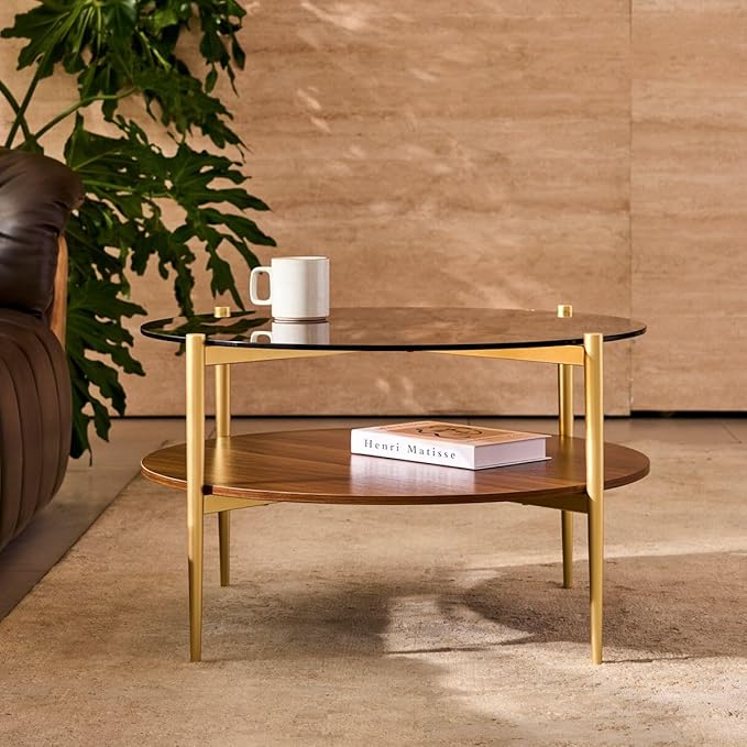 AGV LIGHTING Round Glass Coffee Table, Mid-Century Modern Coffee Table for Living Room, Glod Finish Leg, Coffee Brown Top & Walnut Wood Shelf