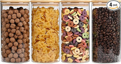 53oz Glass Food Storage Jars, Glass Jars with Bamboo Lids, Kitchen Storage Jars, Set of 4, Canisters with Airtight Lids for Spice, Coffee, Cookie, Pantry Organizers