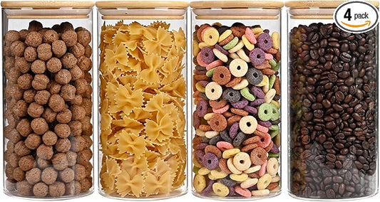 53oz Glass Food Storage Jars, Glass Jars with Bamboo Lids, Kitchen Storage Jars, Set of 4, Canisters with Airtight Lids for Spice, Coffee, Cookie, Pantry Organizers