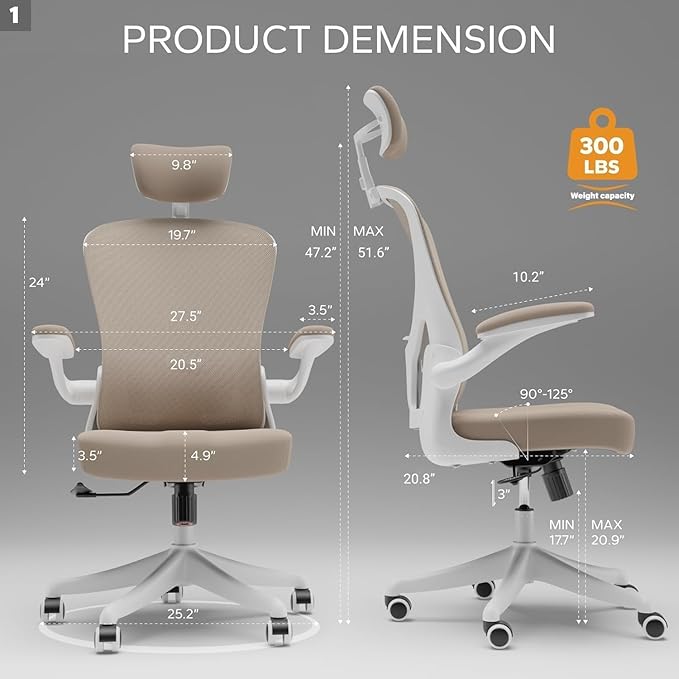 Ergonomic Office Chair with Adjustable Lumbar Support & Flip-Up Armrests - High Back  Desk Chair with Thickened Seat Cushion, Rolling Wheels for Home/Office Study Work