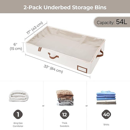 StorageWorks Large Under Bed Storage Containers with Handles and Label Holder, 2 Pack Ultra-thick Fabric Underbed Bins, Closet Organizer for Clothes, Blankets, Sweater