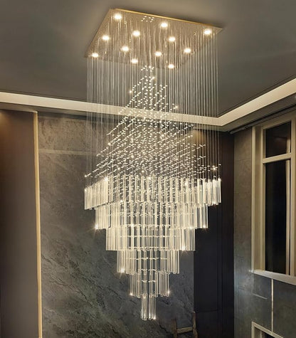W32 x H120 Glam Chandelier with LED Bulbs Square Chandeliers, Crystal Raindrop High Ceiling Pendant Light for Entrance Large Villa Foyer Lighting Fixtures Gold