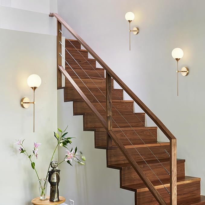 KCO Lighting Modern Milk Glass Wall Mounted Light Gold Long Sconces Wall Lighting Globe Ball Round Wall Lamp Bathroom Bar Stairway Wall Light Fixture Brushed Brass Wall Sconce