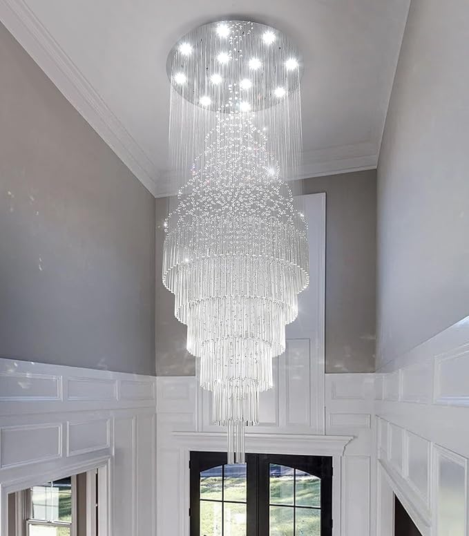 W32 x H100 Glam Chandelier with LED Bulbs Crystal Raindrop High Ceiling Pendant Light for Entrance Large Villa Chandelier Foyer Lighting Fixtures Silver