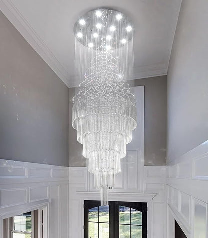 W32 x H100 Glam Chandelier with LED Bulbs Crystal Raindrop High Ceiling Pendant Light for Entrance Large Villa Chandelier Foyer Lighting Fixtures Silver