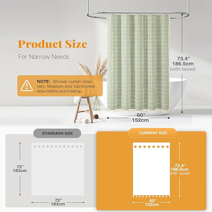 BTTN Stall Shower Curtain - 60 x 72 Inch Narrow Boho Farmhouse Linen Vintage Fabric Shower Curtain Set with 10 Hooks, Bohemian Country Decorative Heavy Duty Shower Curtains for Bathroom - Sage Green