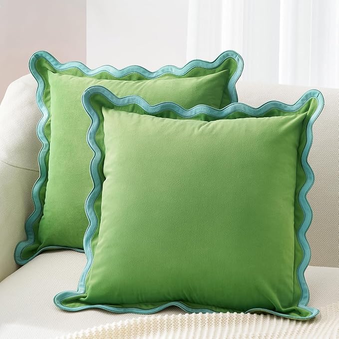 MONDAY MOOSE Decorative Throw Pillow Covers Cushion Cases, Set of 2 Soft Velvet Scalloped Wavy Edge Designs, Pillow Inserts Not Included (Light Blue/Light Green, 18x18 inch)