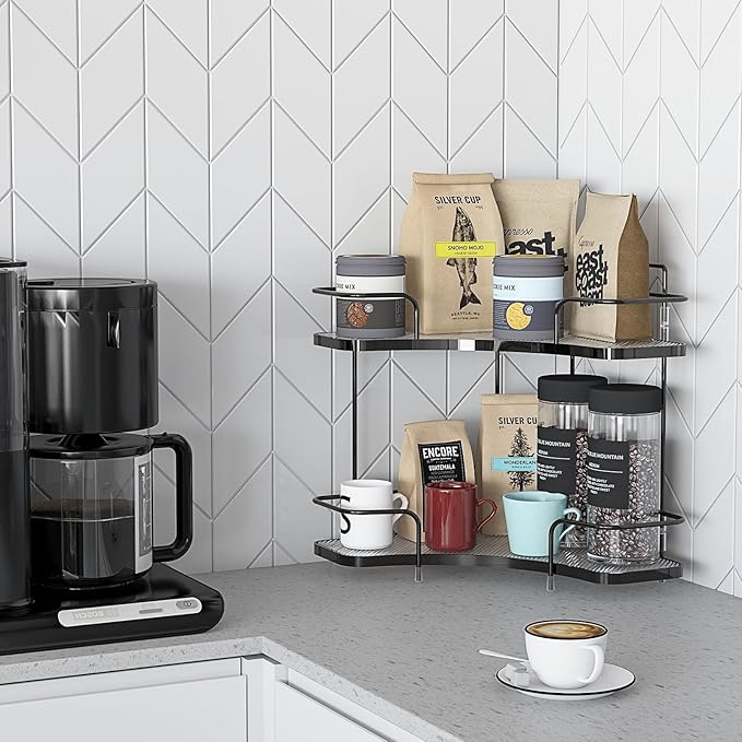 FOLLOWIN 2 Tier Bathroom Countertop Corner Organizer,Countertop Perfume,Vanity Counter Shelf,Skincare Makeup Cosmetic Vanity Organizers,Elegant Black