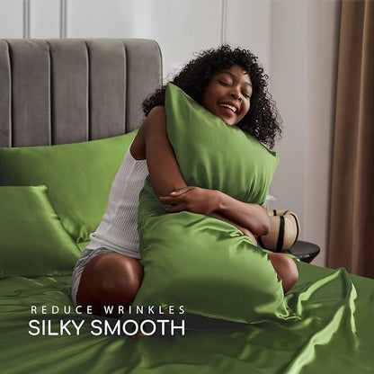 MR&HM Satin Bed Sheets, Twin XL Size Sheets Set, 3 Pcs Silky Bedding Set with 15 Inches Deep Pocket for Mattress (Twin XL, Sage)