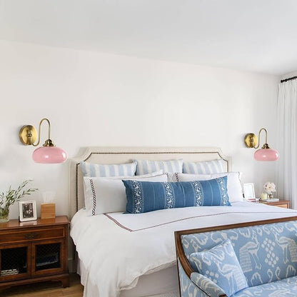 KCO Lighting Pink Wall Sconce Brushed Gold Bathroom Light Fixtures Glass Globe Wall Light Mid Century Modern Wall Sconce Vintage Bathroom Sconces Wall Lighting Set of 2