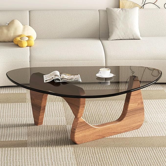 Modern Glass Coffee Table for Living Room, Small mid Century Modern Coffee Table, Sleek Coffee Tables, Suitable for Bedroom Living Room Reception Office Tables（Walnut/Grey，Mediumn）