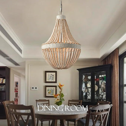 Boho Wood Beads Chandelier Vintage Rustic Farmhouse Chandeliers 3-Lights Wooden Island Pendant Lighting Fixture Retro Ceiling Lights for Dining Room Kitchen Bedroom Foyer D21.65