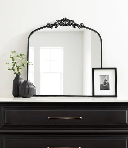 Kate and Laurel Arendahl Ornate Traditional Square Arched Mirror; 28 x 30; Antique Black Baroque Style Arch Vintage Wall Mirror with Wide Frame and Crown