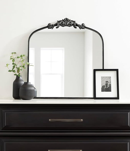 Kate and Laurel Arendahl Ornate Traditional Square Arched Mirror; 28 x 30; Antique Black Baroque Style Arch Vintage Wall Mirror with Wide Frame and Crown