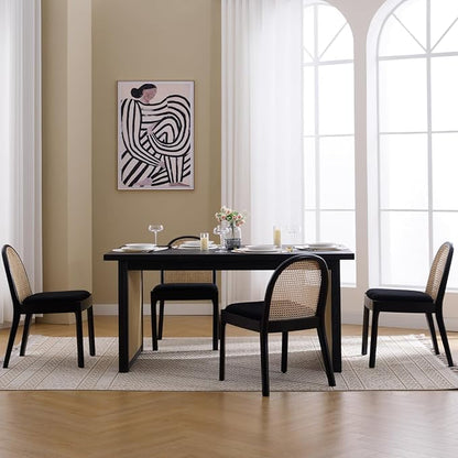 Mid Century Dining Chairs Set of 4, Rattan Sherpa Fabric Side Chairs Kitchen Chair with Solid Wooden Legs for Living Room Dining Room, Black